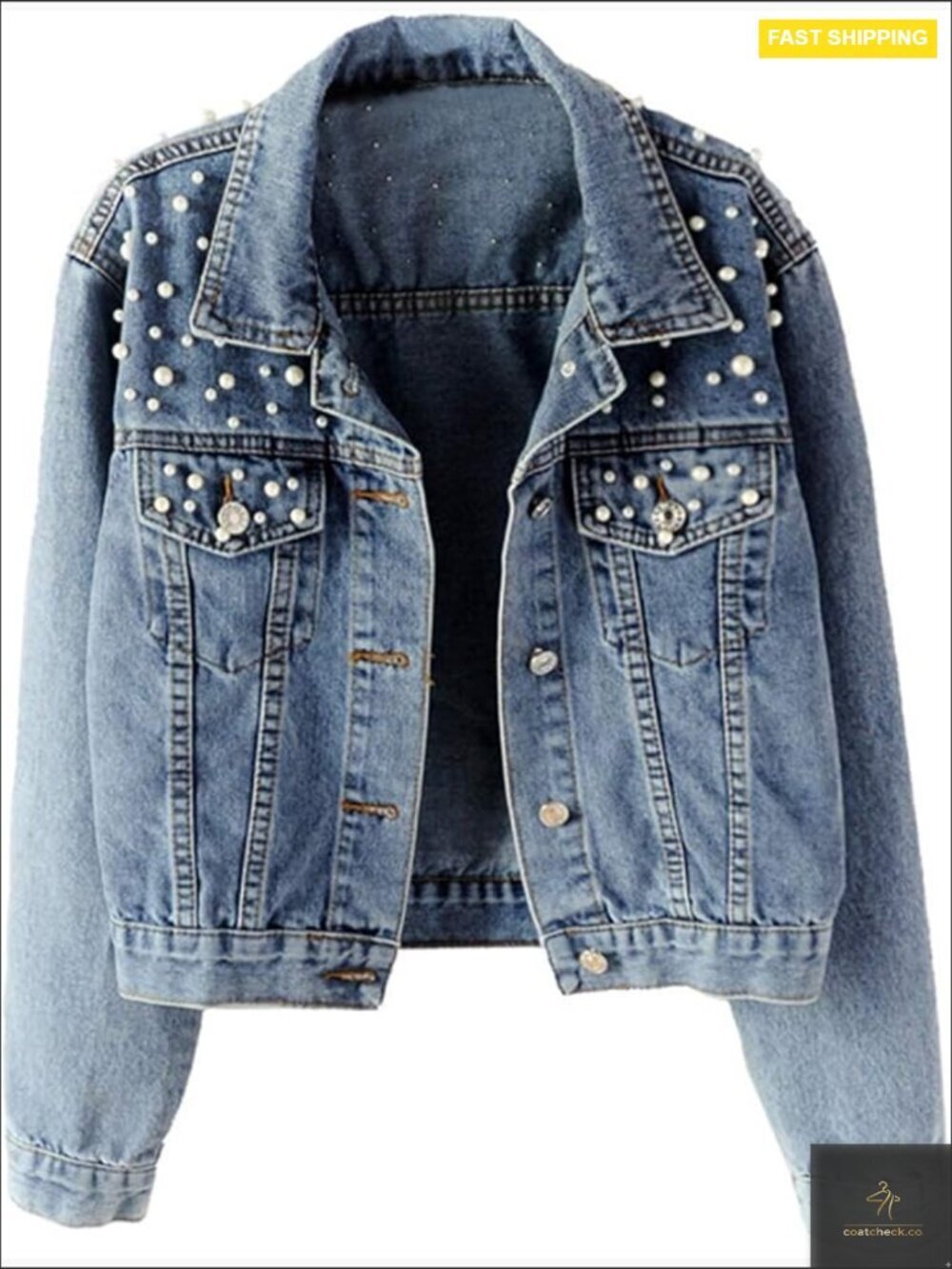 Oversized Denim Jacket Embroidered Pearls Beading Boyfriend Style Cocoon Fit